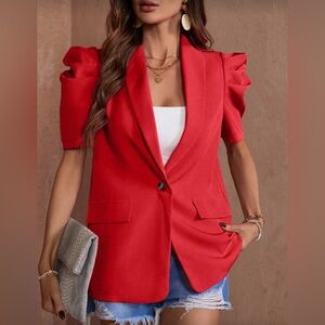 SHEIN Bold Red Puff Sleeve Blazer